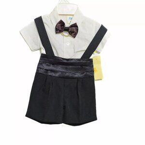 LITO 4pc Boys Toddler Easter Christening Overall Set Black Shorts White Shirt 9M